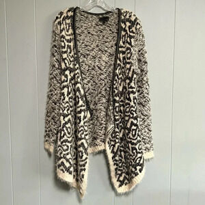 i JEANS BY BUFFALO Black Cream Patterned Open Front Cardigan Sweater Sz Medium